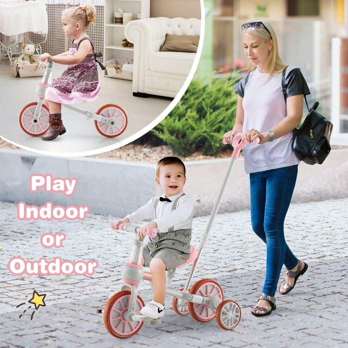 Coast Kids Rad 4-in-1 Vorschalenrad mit Elterngriff 37 x 72 x 101 cm rosa