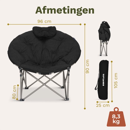 TRVLMORE Campingstuhl XL - klappbar - 150KG Tragkraft - inkl. Tragetasche - Klappstuhl - Campingstuhl - Klappstuhl - Schwarz