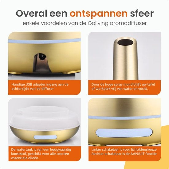 Goliving Aroma Diffuser - Luftbefeuchter - Aromatherapie - Inkl. 2x ätherisches Ã–l - 10 LED Farben - Duftdiffusor - Gold