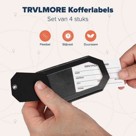 TRVLMORE Gepäckanhänger - Leder - Für Koffer und Taschen - 4 Stück - Schwarz