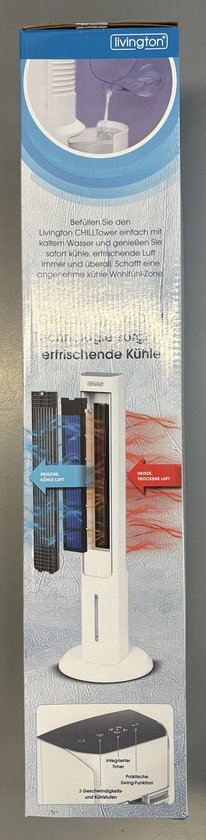 Livington ChillTower – Luftkühler mit Wasserkühlung – tragbare Klimaanlage mit 3 Stufen – leistungsstarker Maxi-Tower-Luftkühler mit einem Tankvolumen für 12 Stunden Kühlung
