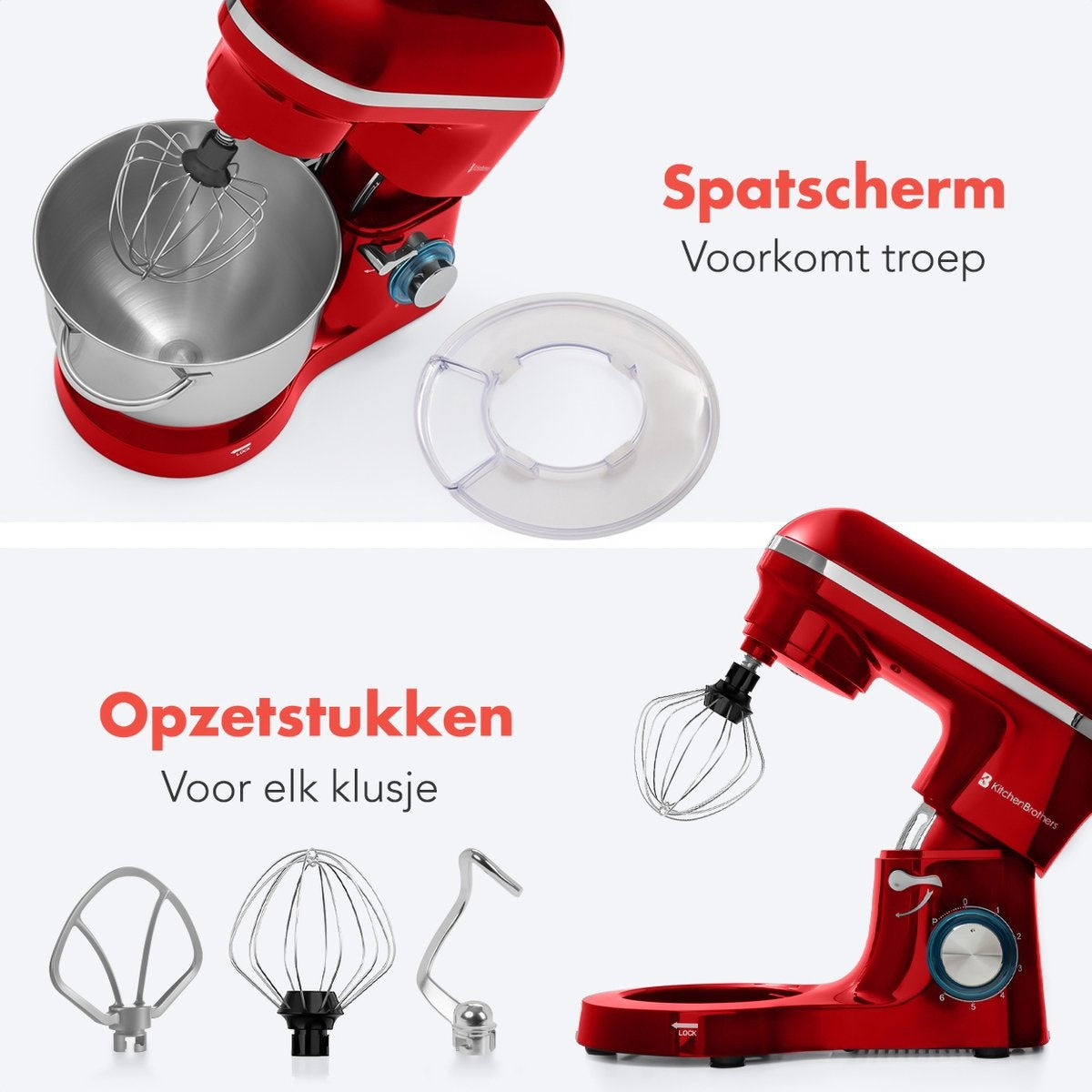 KitchenBrothers Küchenmaschine - Küchenmixer mit 6L-Edelstahl-Mixschüssel - Küchenroboter - 1400W - Rot