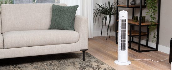Turmventilator 76 cm – 3 Geschwindigkeitsstufen – Schwenkbar – Timer-Funktion – Kompakt & stilvoll – Tristar VE-5864 – Weiß