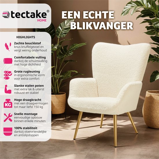 tectake Ohrensessel im skandinavischen Stil - Teddy Chair Hygge - Sessel für Wohnzimmer, Schlafzimmer - Loungesessel - Goldfarbene Metallbeine - Belastbarkeit bis 150 kg - Creme