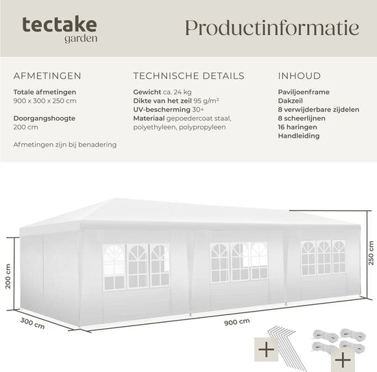 tectake® Pavillon Miramas - Partyzelt 9x3 m - Weiß - 8 abnehmbare Seitenteile - UV- und wasserbeständiger Gartenpavillon - Inklusive Spannleinen und Heringe - Vordach