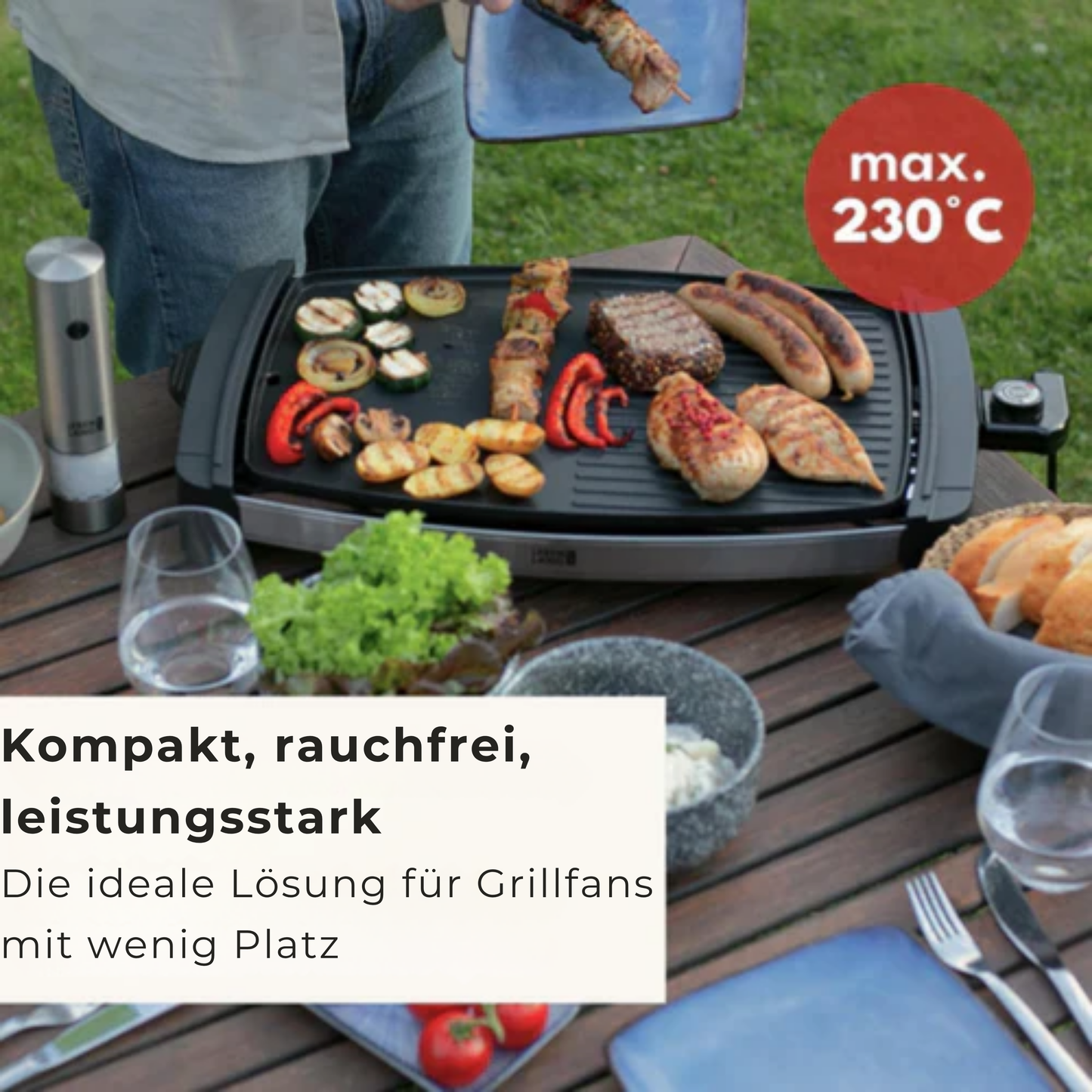 LEBENLANG Elektro-Grillplatte - 2000 Watt - 4 bis 8 Personen - Für drinnen & draußen - 32,1 x 54,5 x 6,5 cm - Schwarz