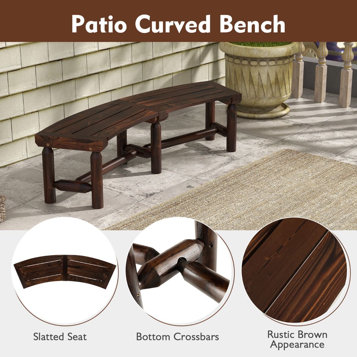 Coast Gartenbank ohne Rückenlehne – geschwungenes Design – 2-3-Sitzer – rustikales Braun 139 x 36 x 41 cm