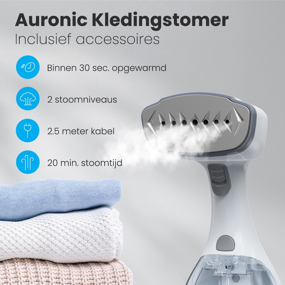 Auronic - Tragbarer Dampfglätter - für Kleidung und Möbel - 300ml - 20min Dampfdauer - Weiß