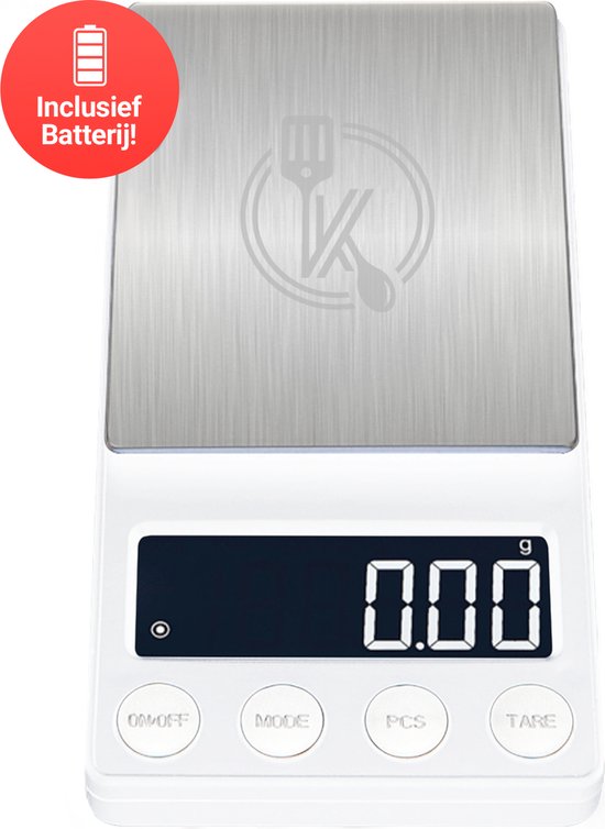Kitchenwell digitale Mini-Präzisionsküchenwaage weiß - 0,01 bis 200 Gramm - 14,2 x 7,5 cm - batteriebetriebene Taschenwaage - Küchenwaage