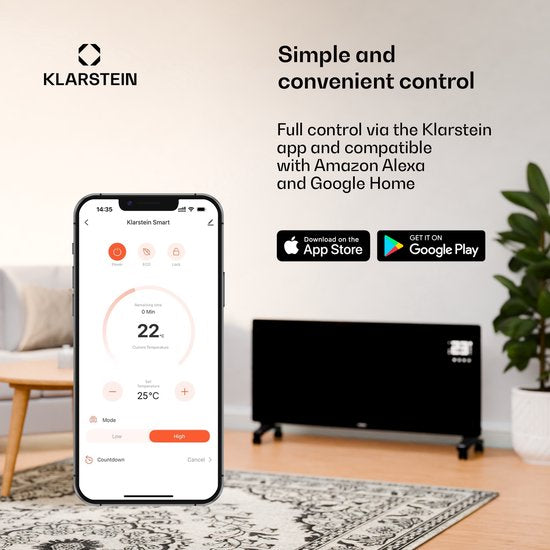 Klarstein energieeffiziente Elektroheizung für zu Hause, 2000 W, intelligenter, freistehender, energieeffizienter Konvektor mit Thermostat, schlankes, tragbares Design, leise Heizung, Speicherheizung und wandmontierte Flächenheizung