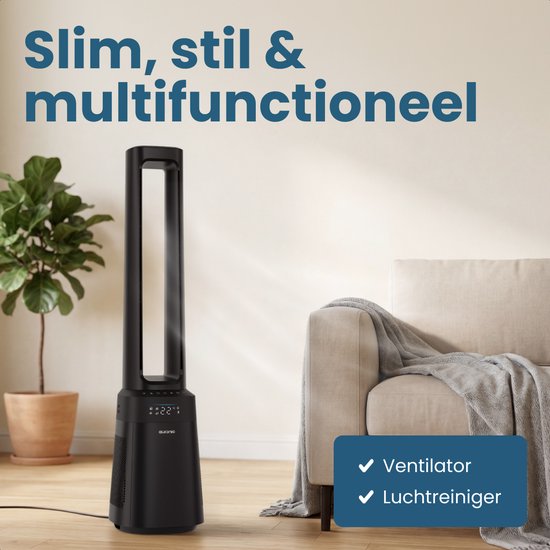 Auronic Turmventilator – blattloses 2-in-1-Modell – Luftreiniger mit HEPA-Filter – Ventilator – 10 Stufen – Fernbedienung – 105 cm – Schwarz