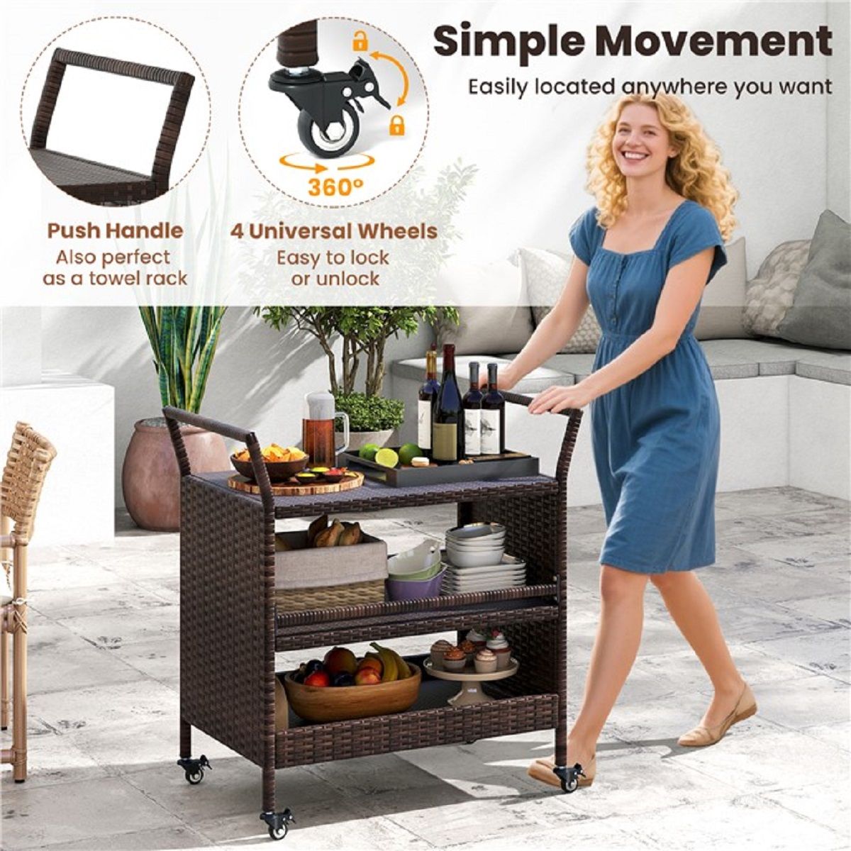 Coast Gartenbarwagen – 3 Ablagen – Rattan mit feststellbaren Rädern – Braun – 86 x 50 x 89 cm