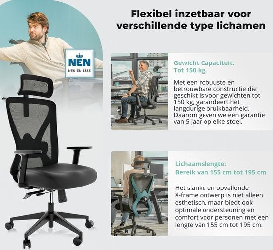 BackerzÂ® Ergonomischer Bürostuhl für Erwachsene Vollständig einstellbar - NEN-EN1335 zertifiziert bis 150kg - Bürostuhl - Spielstuhl - Motion Mesh, Schwarz