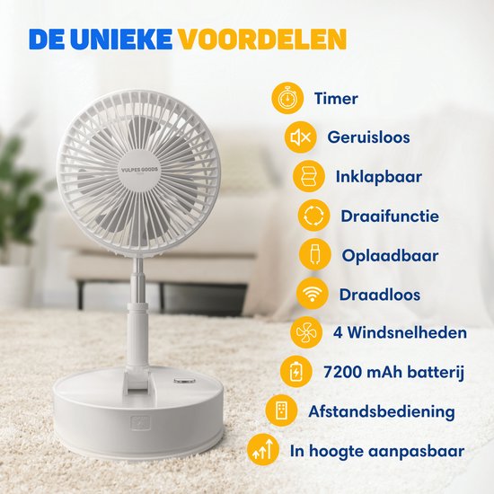 Vulpes Goods® Tech Wireless Tripod Fan - 4-in-1 wiederaufladbarer Ventilator - Leise & einstellbar - PRO Version - Weiß
