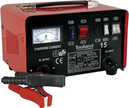 Toolland Batterieladegerät 12/24 V, mit Booster/Starthilfe 9 A, mit thermischem Ãœberlastungsschutz, Amperemeter - Metallgehäuse, rot