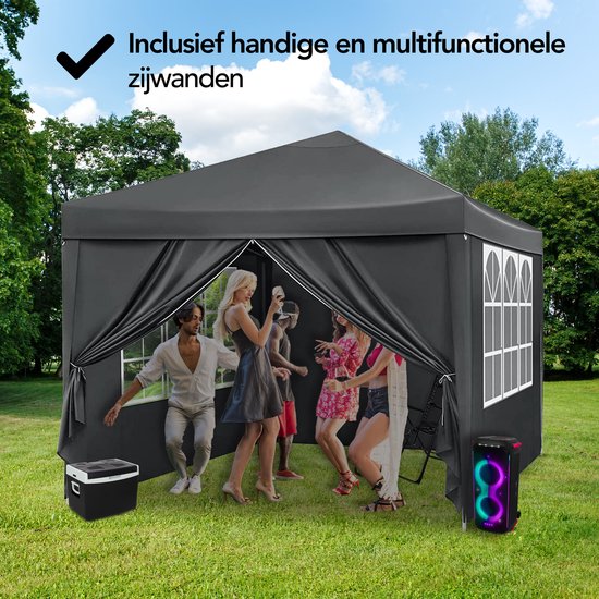 Brixy Partyzelt - faltbar - leicht aufbaubar - 3x3m - wasserdicht - Pavillon mit Seitenwänden - inkl. Tragetasche - Schwarz