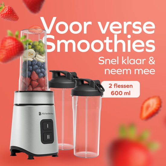 KitchenBrothers Mini Mixer - Mixer zum Mitnehmen - 2 Ständer - Smoothie Maker - 2 To-Go Becher 600 ml - Schwarz