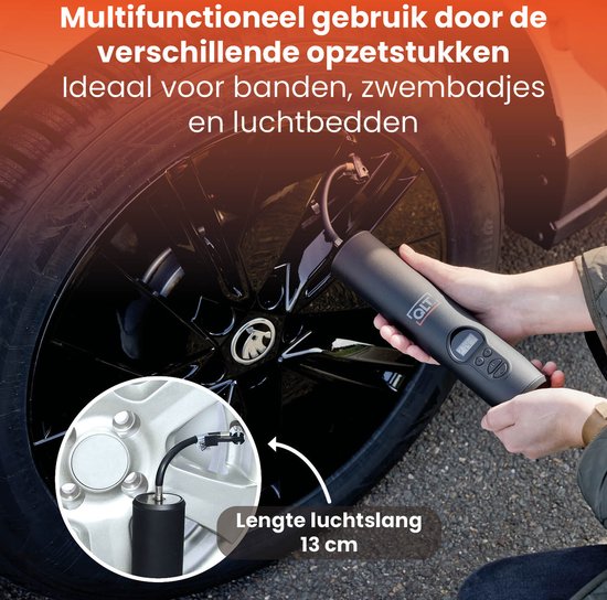 QLT Wireless Air Compressor mit LED-Beleuchtung - Elektrische Pumpe - Inklusive USB-Ladekabel und 4 Aufsätze - 10,3 Bar - LCD-Display - Schwarz