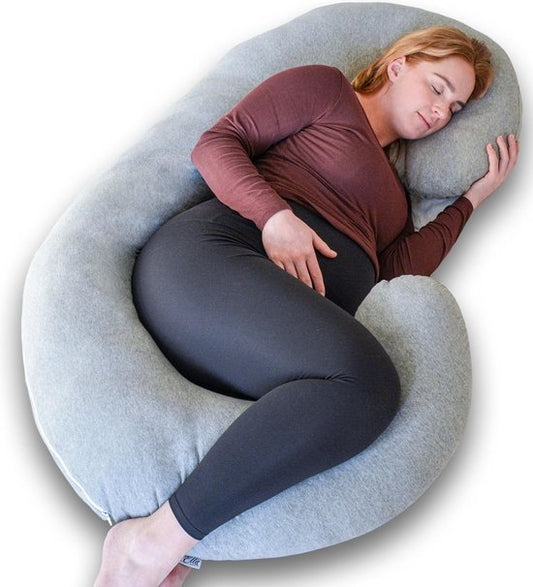 EL Life Umstandskissen XXL C-Form - Stillkissen - Seidenschlafkissen - Körperkissen - abnehmbarer Jersey-Baumwollbezug - 150x70cm - Hellgrau