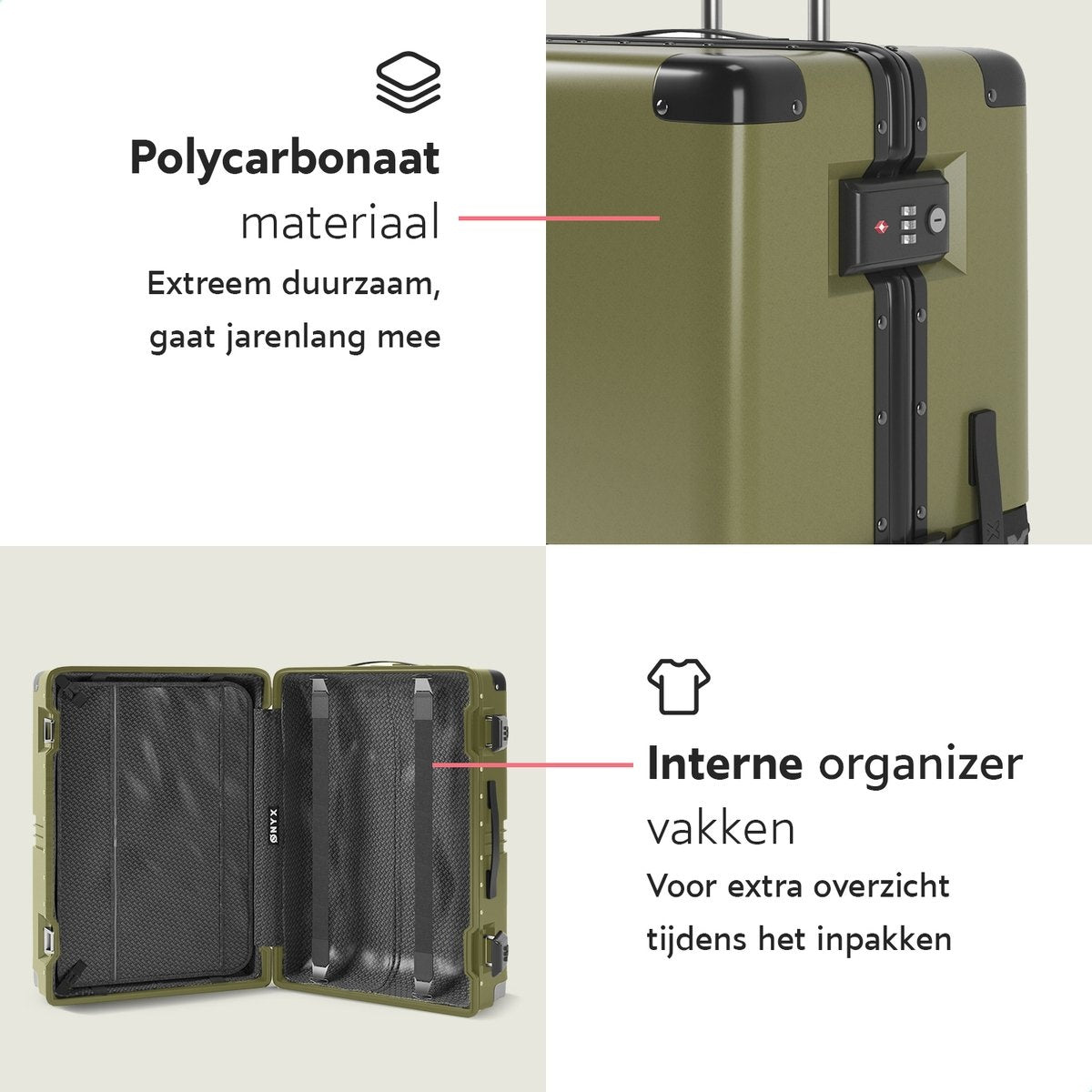 ONYXÂ® Check-in-Koffer 100L - TSA-Schloss - Spinner-Räder - Leichter Trolley - Aluminiumverschluss - Olivgrün
