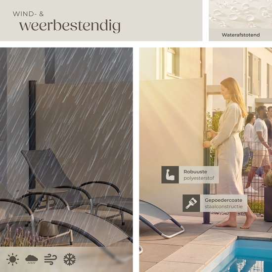 tectake® Ausziehbarer Windschutz mit Aufrollmechanismus – 300 x 160 cm – Seitenmarkise mit Aluminiumrahmen – Sonnenschutz – Gartenschutz – Beigefarbene Balkonmarkise – Undurchsichtiger Sichtschutz – Markisentuch