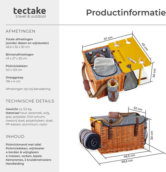 tectake® komplettes Picknickkorb-Set Texel - Luxuriöses 24-teiliges Picknick-Set für 2 Personen - Weiden-Picknickkorb mit Picknick-Teppich - Inklusive Kühlbox, Tellerset, Kunststoff-Weingläsern und Edelstahl-Besteck