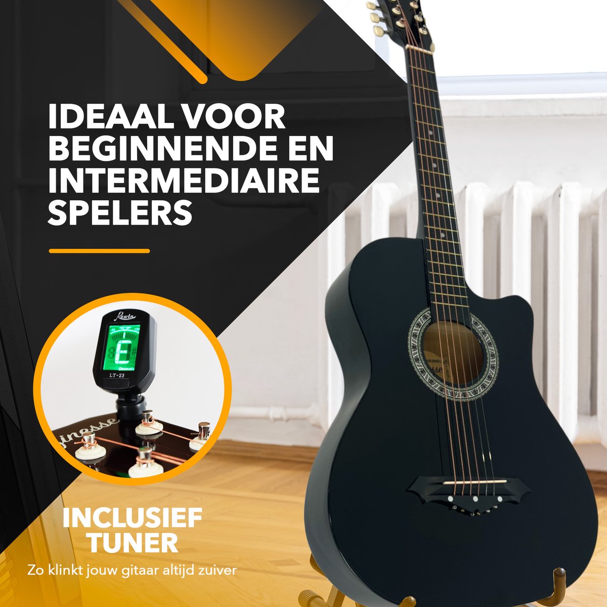 Finesse Akustikgitarren-Einsteigerset – 38 Zoll – Mit Zubehör und Videokurs – Schwarz