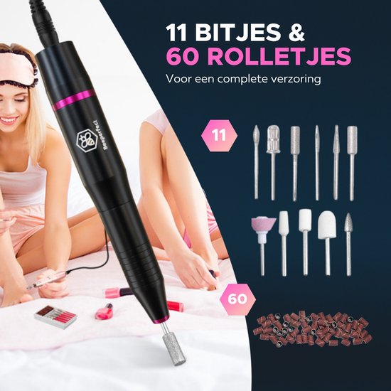 Beeperfect® Elektrische Nagelfeile - Nagelfräse - Maniküre- und Pediküreset - 12 Bits und 60 Schleifrollen - 4 Extra-Zubehör - Schwarz