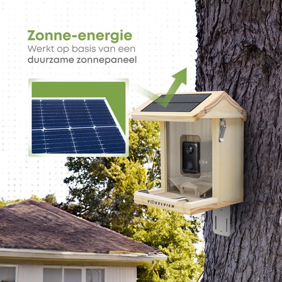 Vogelview – Vogelhäuschen – Vogelhäuschen mit Kamera – Holz – KI-Vogelerkennung – 1080 HD – Audio – Mit Solarpanel
