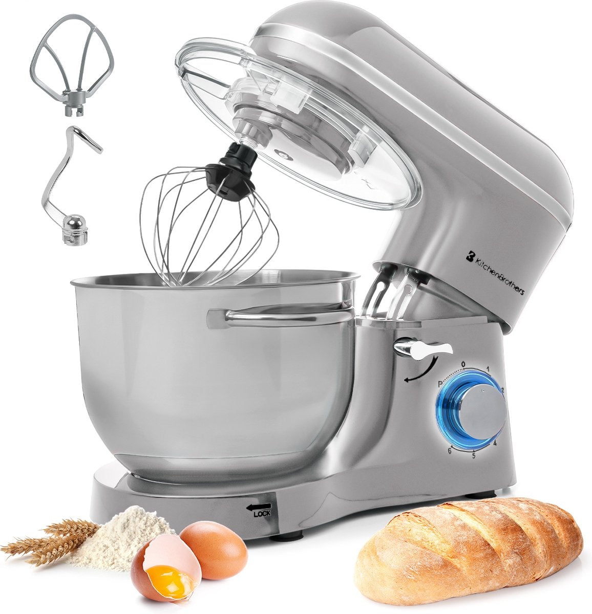 KitchenBrothers Küchenmaschine - Küchenmixer mit 6L-Edelstahl-Mixschüssel - Küchenroboter - 1400W - Silber