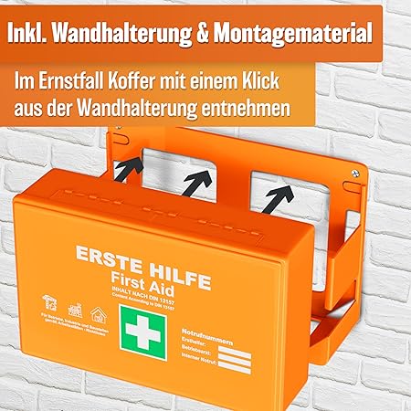 HELDENWERK Erste-Hilfe-Kasten Version 2026 [DIN 13157:2021] inkl. Wandhalter & 5 x Aufkleber | Verbandskasten für Büro, Haushalt und Gastronomie - Betriebsverbandskasten gefüllt, Sanitätsschrank