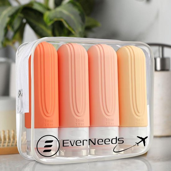 EverNeeds Reiseflaschen mit Beutel - Nachfüllbar - Silikon-Reiseflaschen Handgepäck - Rosa - 4 Stück