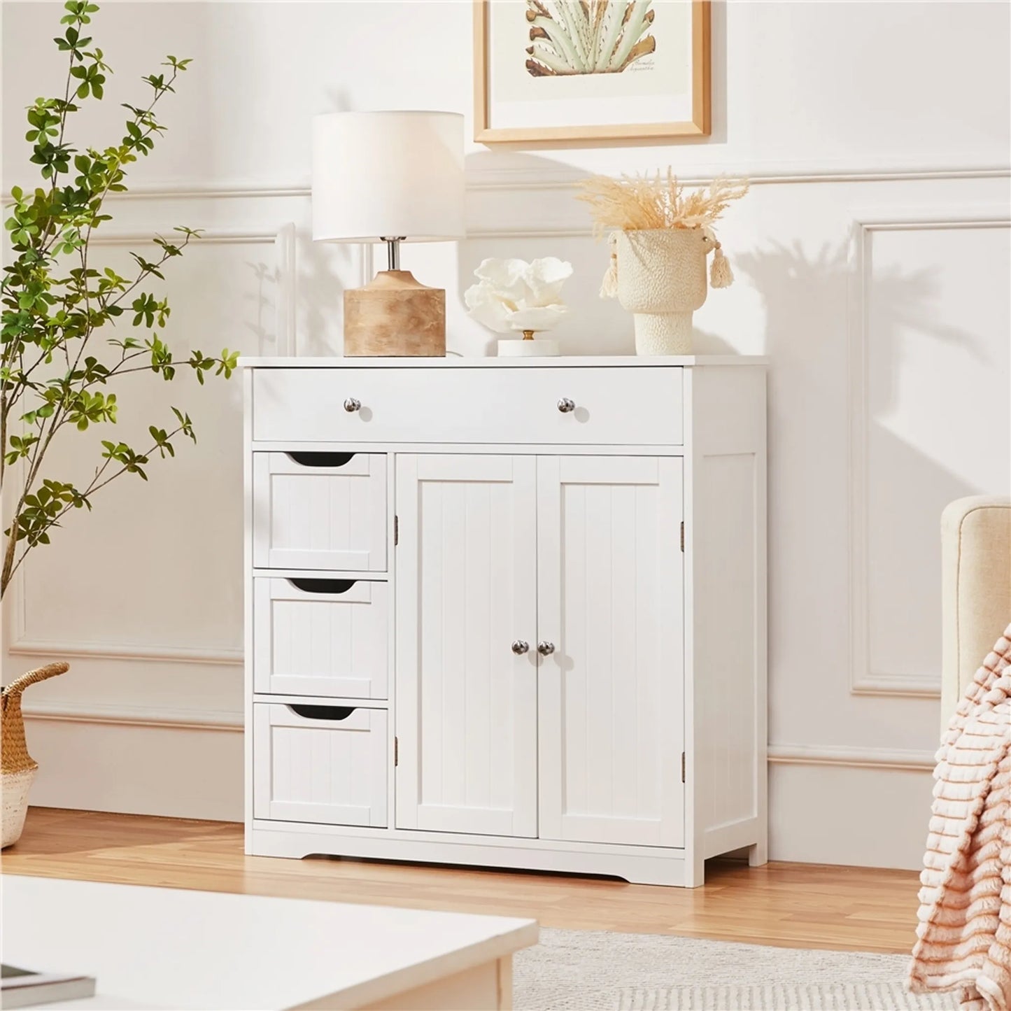 Yaheetech Badezimmerschrank mit 4 Schubladen und 1 Schranktür - Ausgestattet mit verstellbarem Einlegeboden und Anti-Kipp-Set und wasserabweisender Beschichtung - Für Bad und Wohnzimmer - Weiß Mdf - 81 x 30 x 81,5 cm