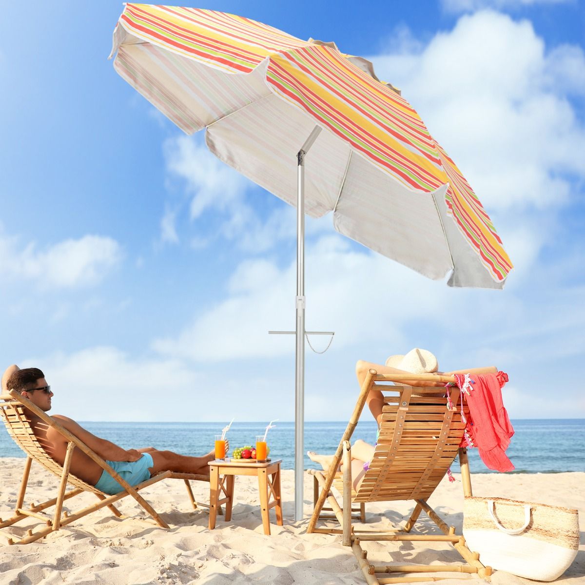 Coast Beach Parasol Ø198 x 206 cm - Rot/Gelb - Tragbarer Sonnenschirm mit Sandanker & Tragetasche