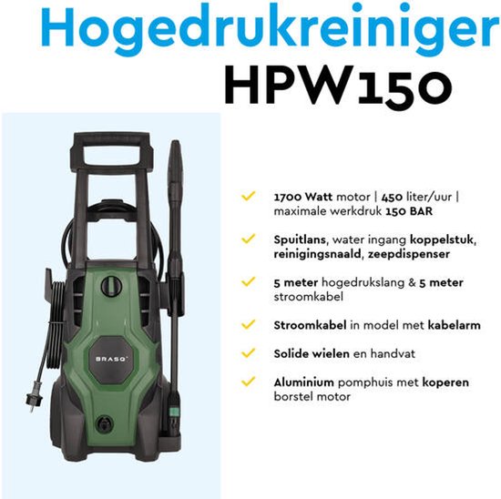 BRASQ HPW 150 Hochdruckreiniger - Terrassenreiniger - Hochdrucksprühgerät - 2000W - 150 bar - 468 L/H - Komplettset