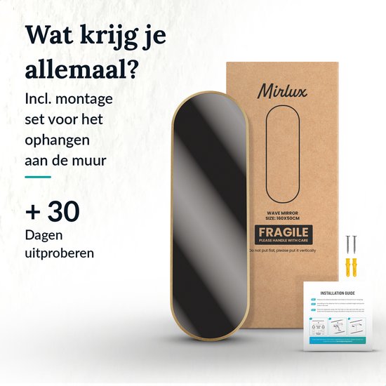 Mirlux Ovaler Spiegel - Einbauspiegel - Hängend mit Rahmen - Wandspiegel - Make up Spiegel - 160 x 50 cm - Gold