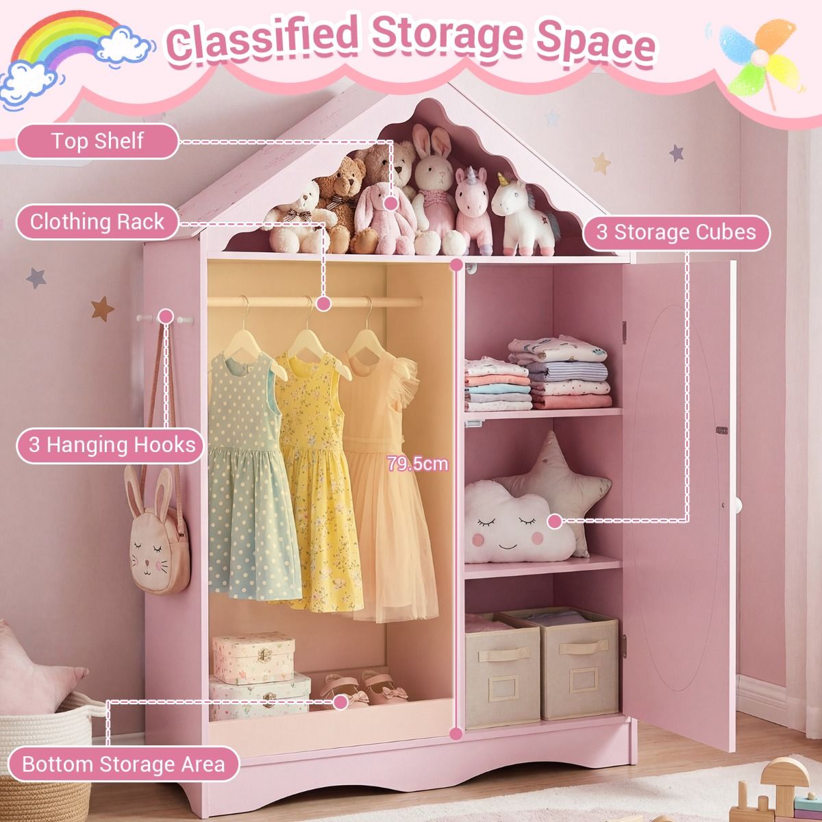 Coast Kinderkleiderschrank mit Spiegel – Dachförmiges Design mit Kleiderstange, Regalböden und Haken – 85,5 x 30 x 121 cm – Rosa