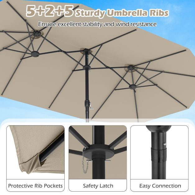 Coast Doppel-Terrassenschirm 470 × 285 cm mit Fuß – Großer rechteckiger Sonnenschirm mit Kurbel, 12 Metallstreben und Sandsäcken – für Garten und Terrasse