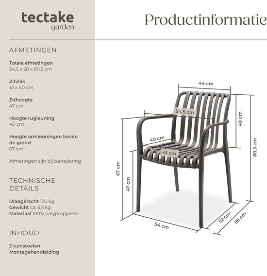 tectake® 2er Set Gartenstühle Alcudia - Anthrazit - Kunststoffstühle mit Armlehne - Gartenset für rund um den Gartentisch oder beim Camping Stapelbar - Stühle für Garten, Terrasse oder Balkon - Wetterfest und UV-beständig - Belastbarkeit 120kg pro Gartens