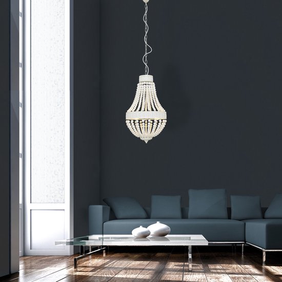 Mexlite - Hängeleuchte Ella 10191W – Weiße Perlenlampe - Holz und Metall - Höhenverstellbar von 70 bis 155 cm