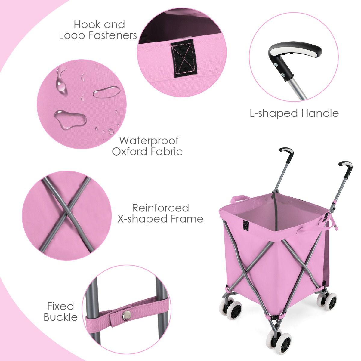 Coast Zusammenklappbarer Einkaufswagen mit Rädern – Handwagen 90 l – Zusammenklappbarer Einkaufswagen – 66 x 46 x 94,5 cm – Rosa
