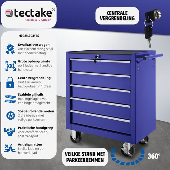 tectake - Werkzeugwagen mit 5 Schubladen - blau - 402798