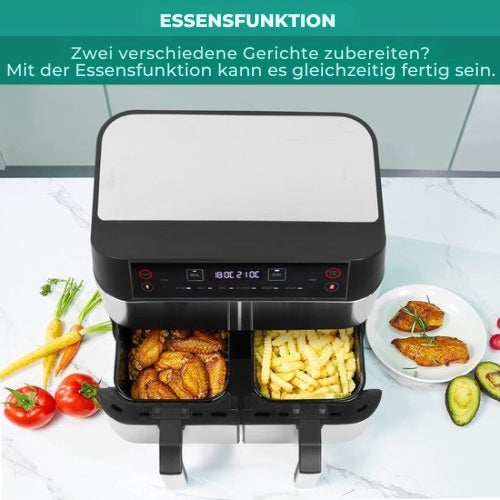 Niceey Double Airfryer - XXL - Zwei Garräume - 8,0 Liter - 2460 Watt - Heißluftfritteuse - inkl. Kochbuch - Silber