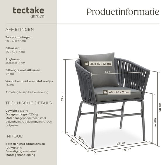 tectake - Gartenstuhl, 2er-Set, Metall-Outdoor-Stuhl, Terrassenstuhl mit Armlehnen, Loungesessel, Gartensessel, Gartenmöbel, Balkonmöbel, Gartenset Lounge, wasserabweisende Polster, verstellbare Beine