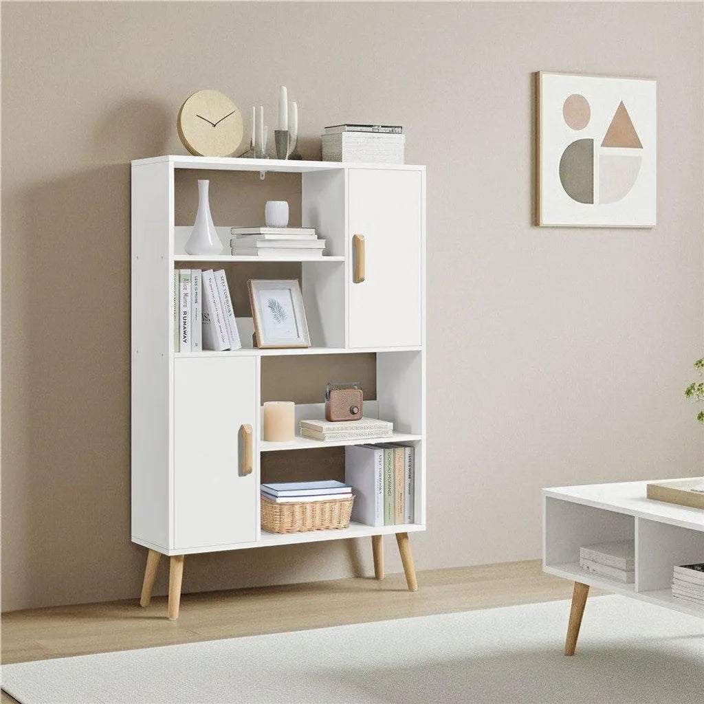Yaheetech Bücherregal 80 x 23,5 x 120,5 cm – Weiß – Aufbewahrungsschrank mit 2 Türen und 4 offenen Fächern