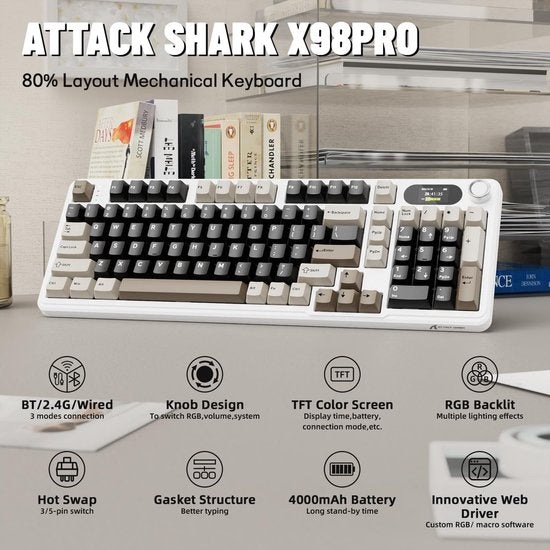 ATTACK SHARK X98 – Kabellose mechanische Gaming-Tastatur – TFT-Display – Multifunktions-Drehregler – PBT-Tastenkappen – Tri-Mode (kabelgebunden/2,4 GHz/Bluetooth) – Gasket-Mod – 98 Tasten – Cheese White