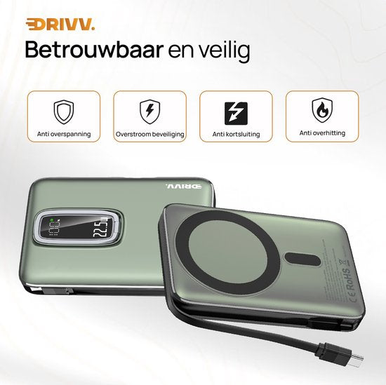 Powerbank 10.000 mAh, MagSafe-kompatibel, mit USB-C-Kabel – 3-in-1-Design – 22,5 W kabellose Powerbank – inklusive 60-W-Ladekabel – Schnellladefunktion – USB & USB-C – Schwarz –