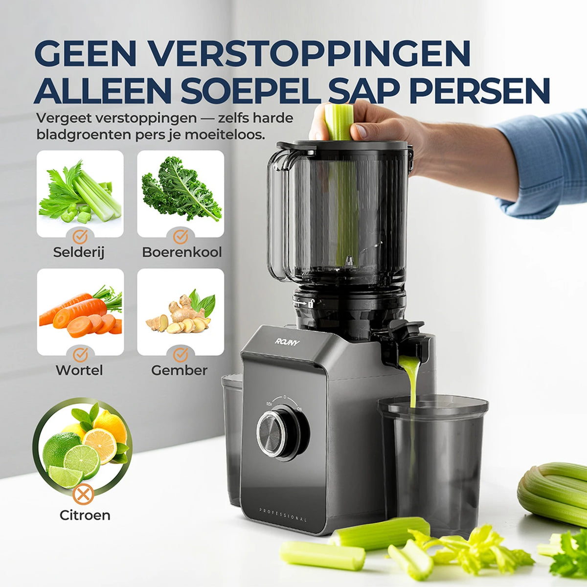 Rouny Slow Juicer FF Pro Max – 150 W Kaltpress-Entsafter – 130 mm Einfüllöffnung – Filterfrei – Fruchteis-Funktion – 1,8 l – Schwarz