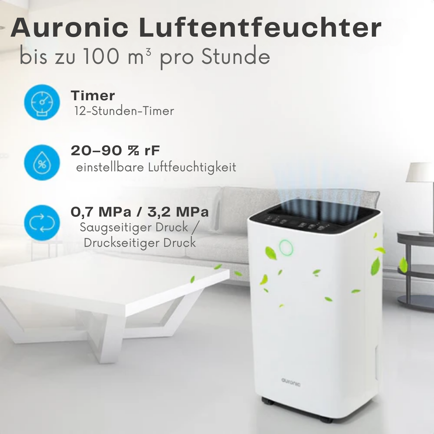 Auronic Luftentfeuchter - 12 Liter pro Tag - Wash-Dry-Funktion - 185 W - 30,5 x 26,5 x 52 cm - Weiß