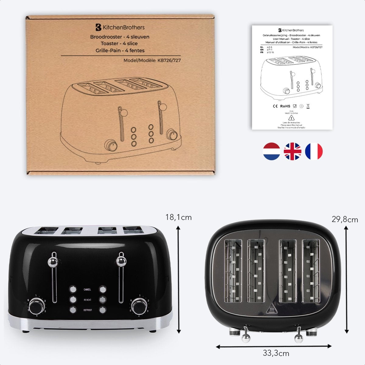 KitchenBrothers Retro-Toaster - 6 Heizstufen - 4 extra breite Schlitze - 1630W - Aufwärm- und Auftaufunktion - Schwarz
